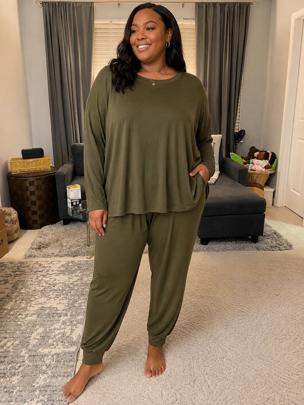 Olive Green 2-Piece Lounge Set 2XL | Relaxed Long Sleeve Top & Jogger Pants